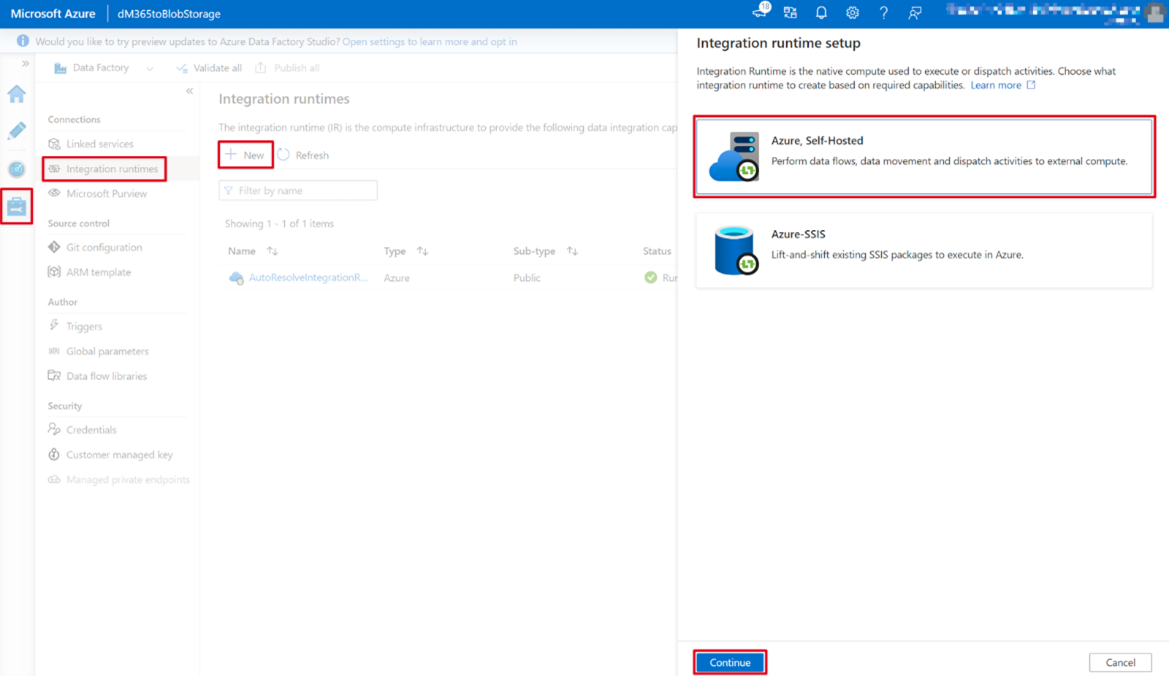 Azureセルフホステッドが選択されているAzure portal Data Factory サービス ページのスクリーンショット。