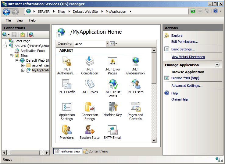 メイン ウィンドウに MyApplication Home が表示されている I I S マネージャーのスクリーンショット。操作ウィンドウで [仮想ディレクトリの表示] が選択されています。