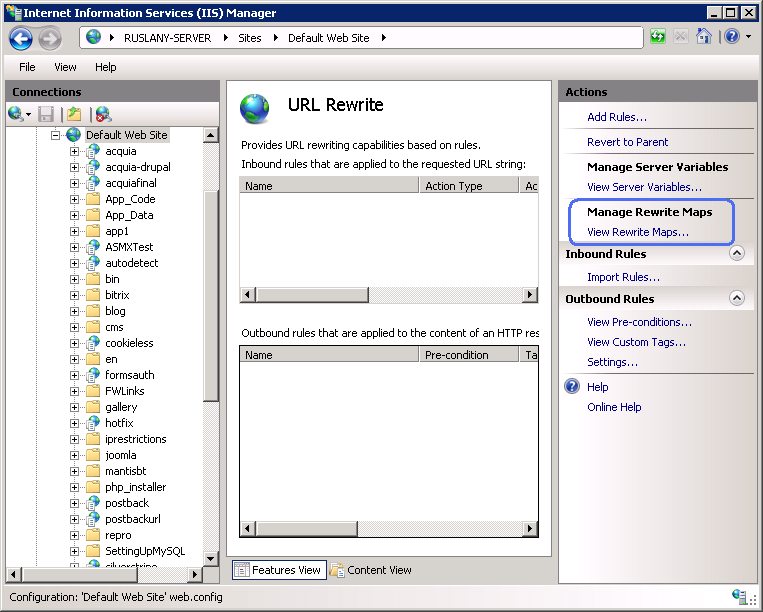 [操作] ウィンドウ内の「書き換えマップを表示」オプションに注目がある U R L Rewrite 画面のスクリーンショット。
