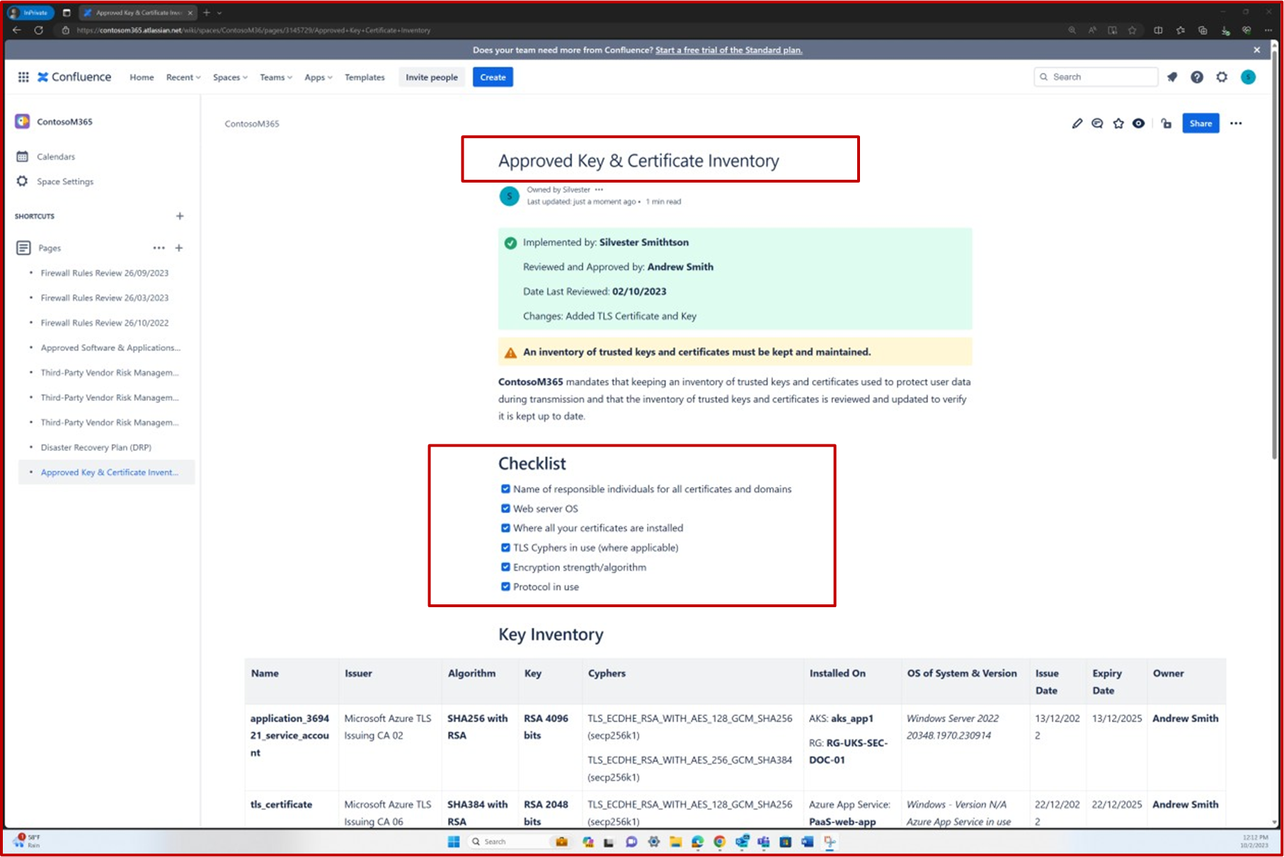 承認キーを持つ Confluence 証明書チェックリスト インベントリ。