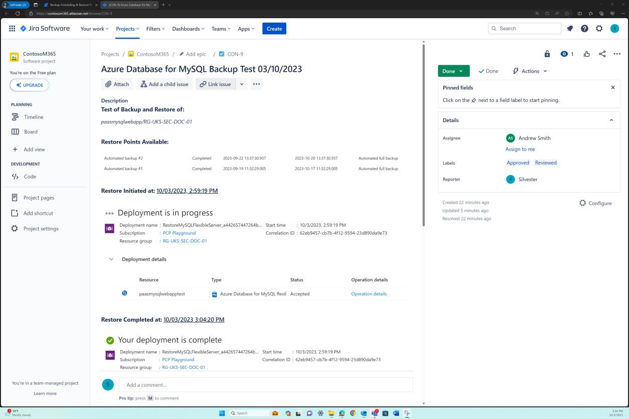 Azure データベース mySQL の Jira バックアップ チケット。