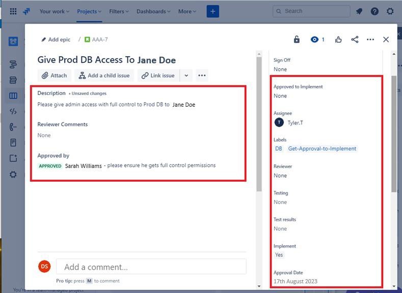 承認された Jira 承認委員会の説明。データが強調表示されています。