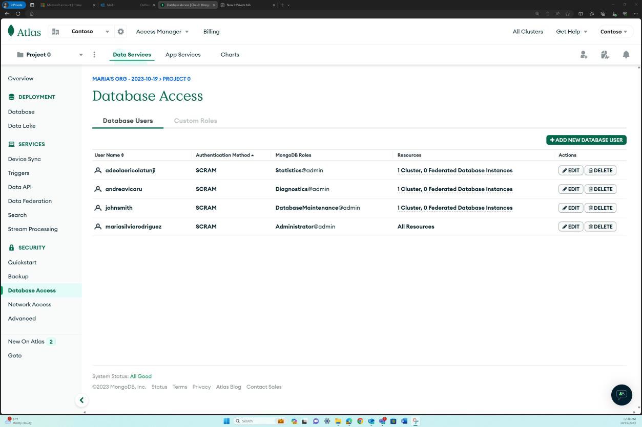 4 人のテスト ユーザーが一覧表示された MongoDB Cloud データベース アクセス ユーザー ページ。