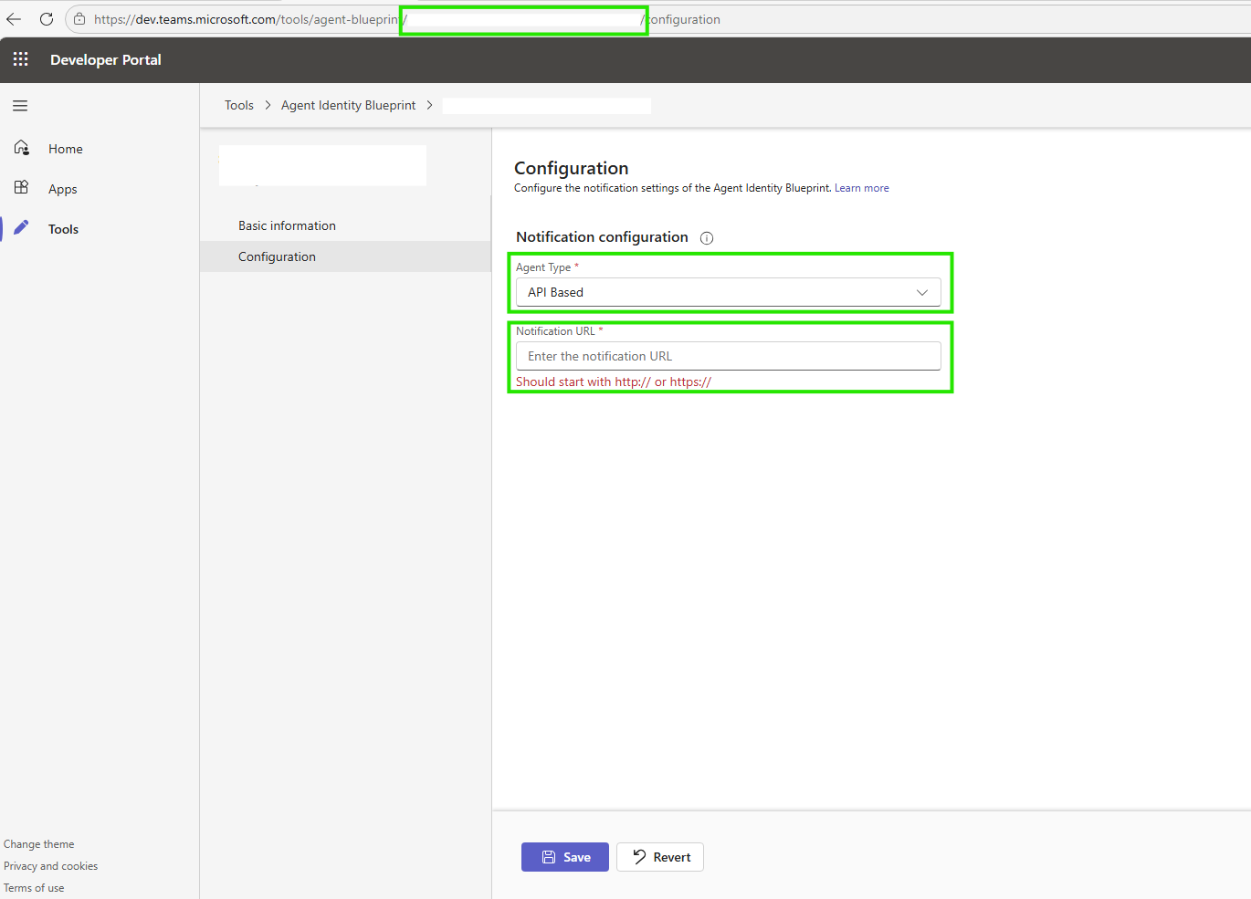 [エージェントの種類] が [API ベース] フィールドと [通知 URL] フィールドに設定されている [開発者ポータルの構成] ページを示すスクリーンショット。