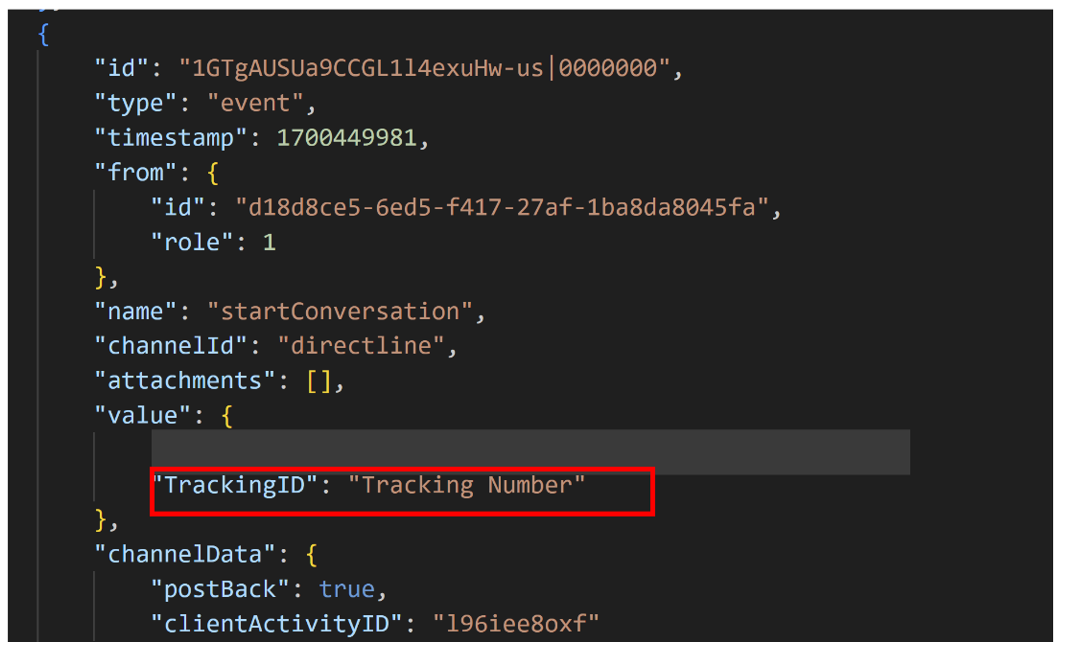 TrackingID フィールドと追跡番号の出力を強調した JSON コード ブロックのスクリーンショット。