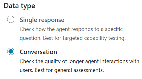 テスト セットを作成するために選択された会話オプションを示すスクリーンショット。