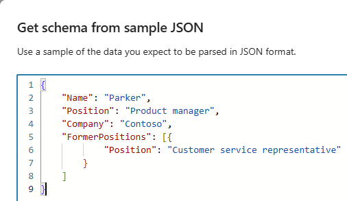 サンプル JSON データを入力するエディターを示すスクリーンショット。