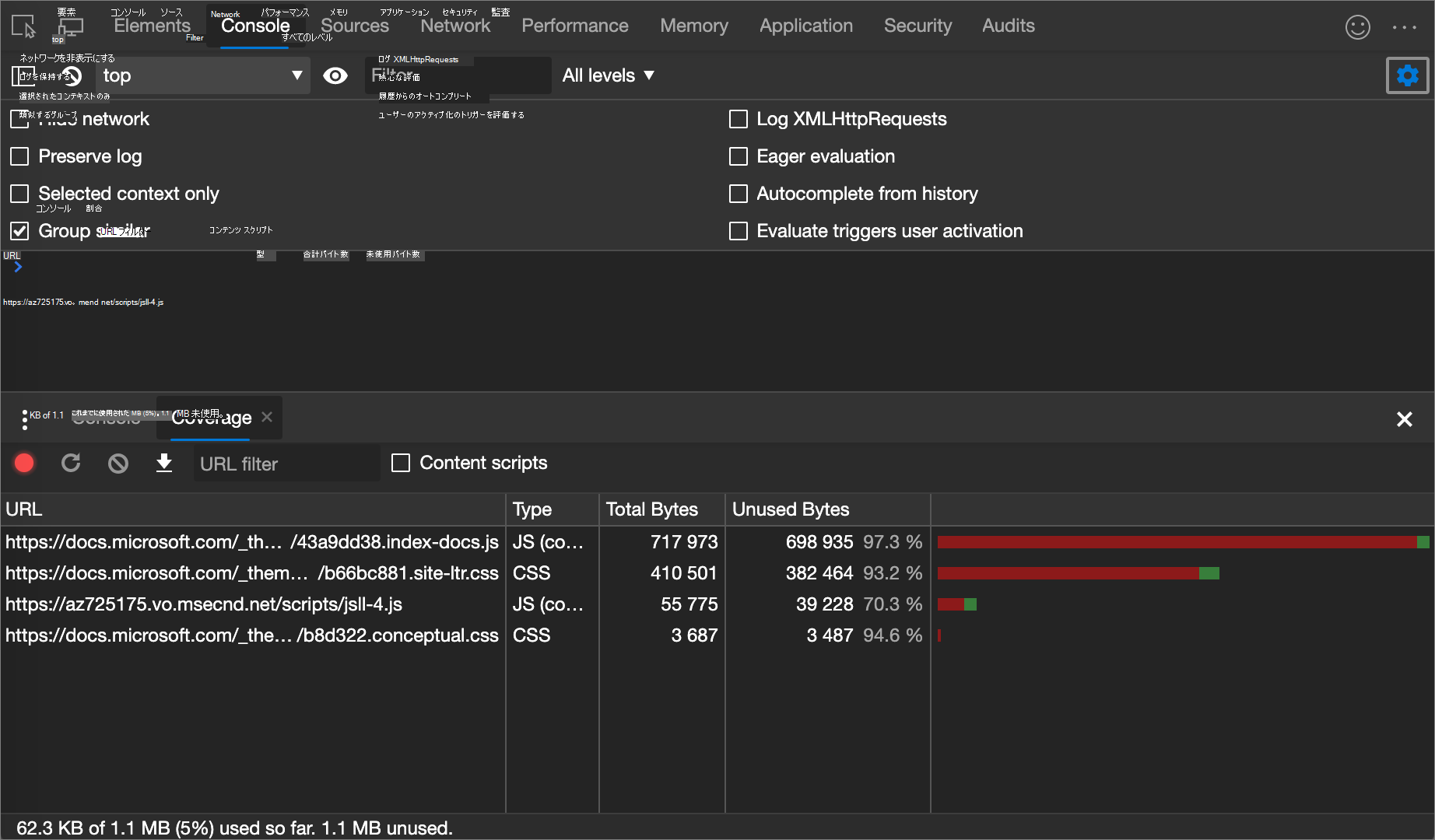 使用および未使用の CSS (および JavaScript) の量の概要