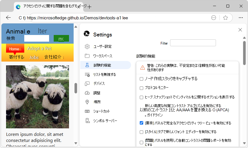 [設定] の [実験] ページ