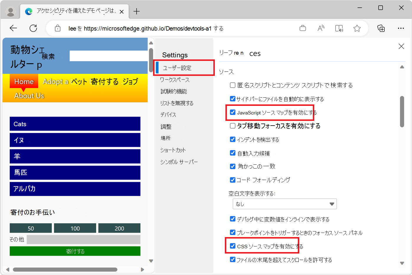 DevTools 設定の [基本設定] 構成画面