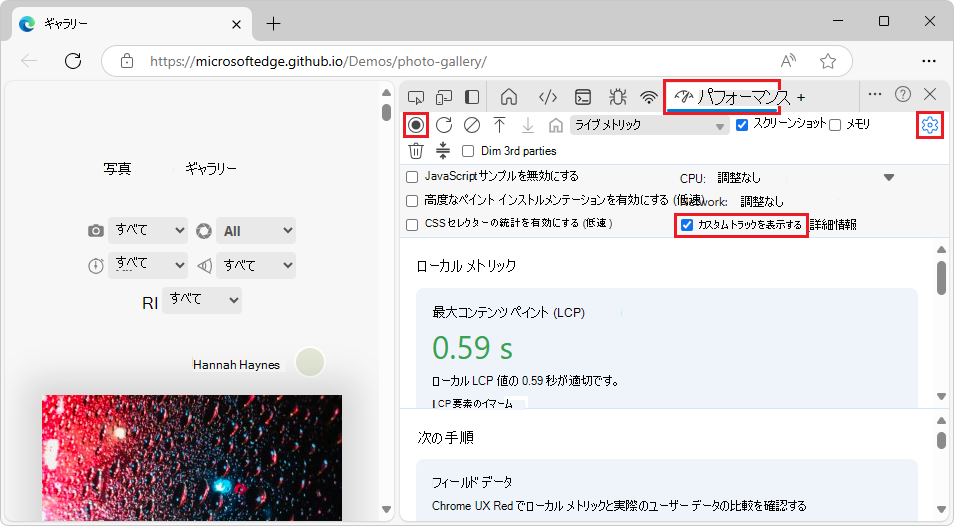 パフォーマンス ツールの [キャプチャ設定] の [カスタム トラックを表示する] チェック ボックス
