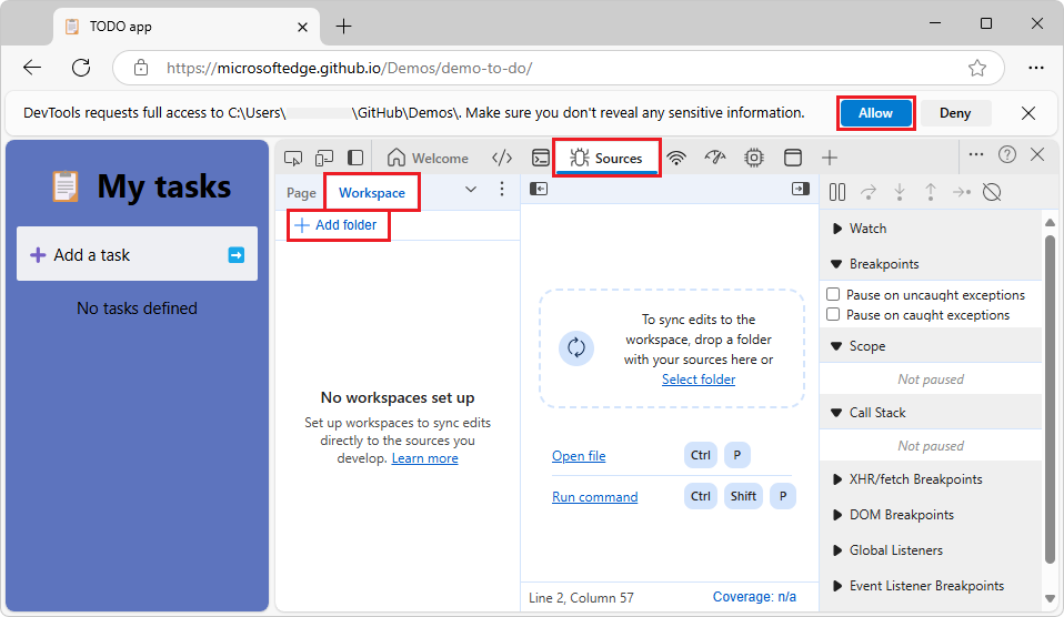DevTools は、ワークスペースにフォルダーを追加するためのアクセスを要求します