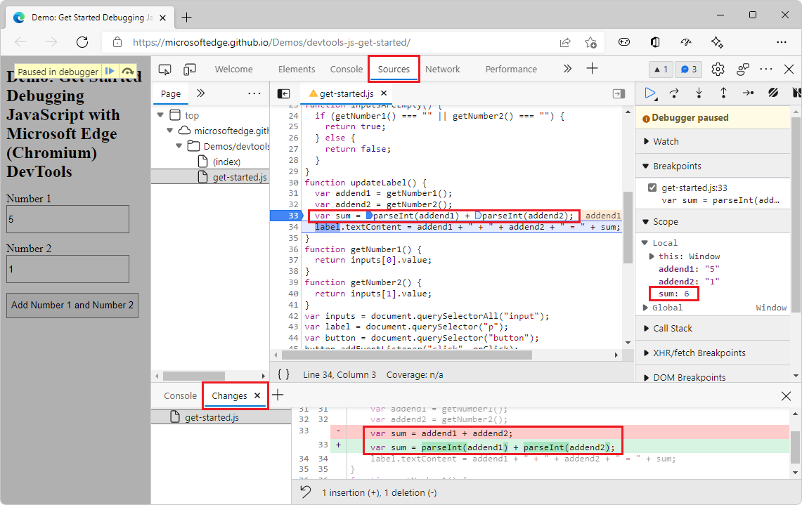 「DevTools を使用した JavaScript のデバッグの開始」デモ Web ページ