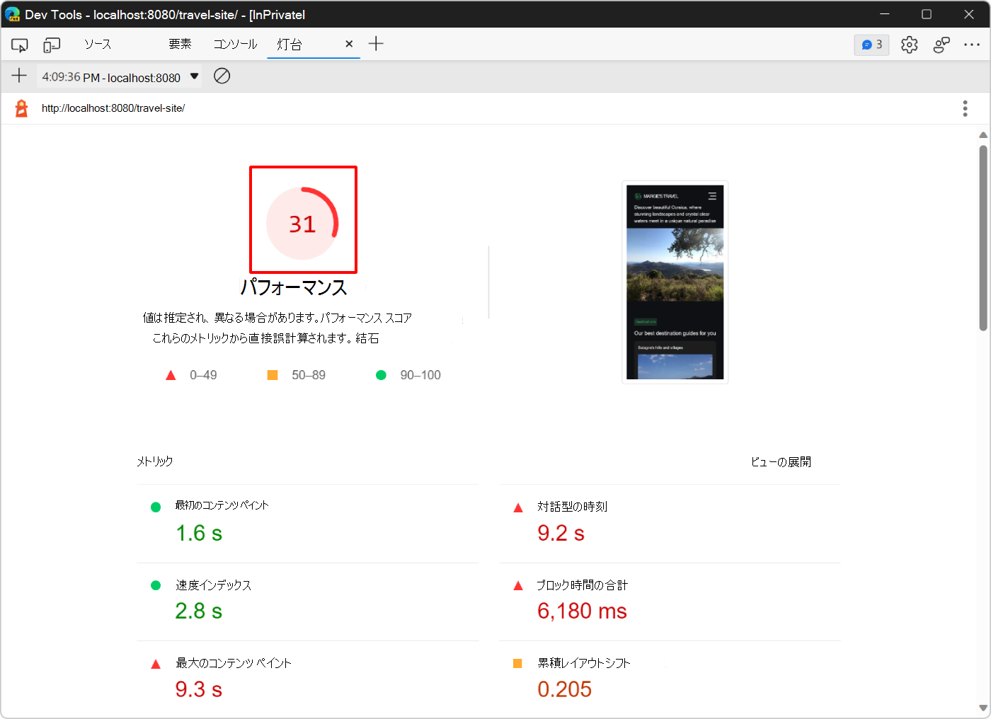 変更後のスコアの向上を示す Lighthouse ツール レポート