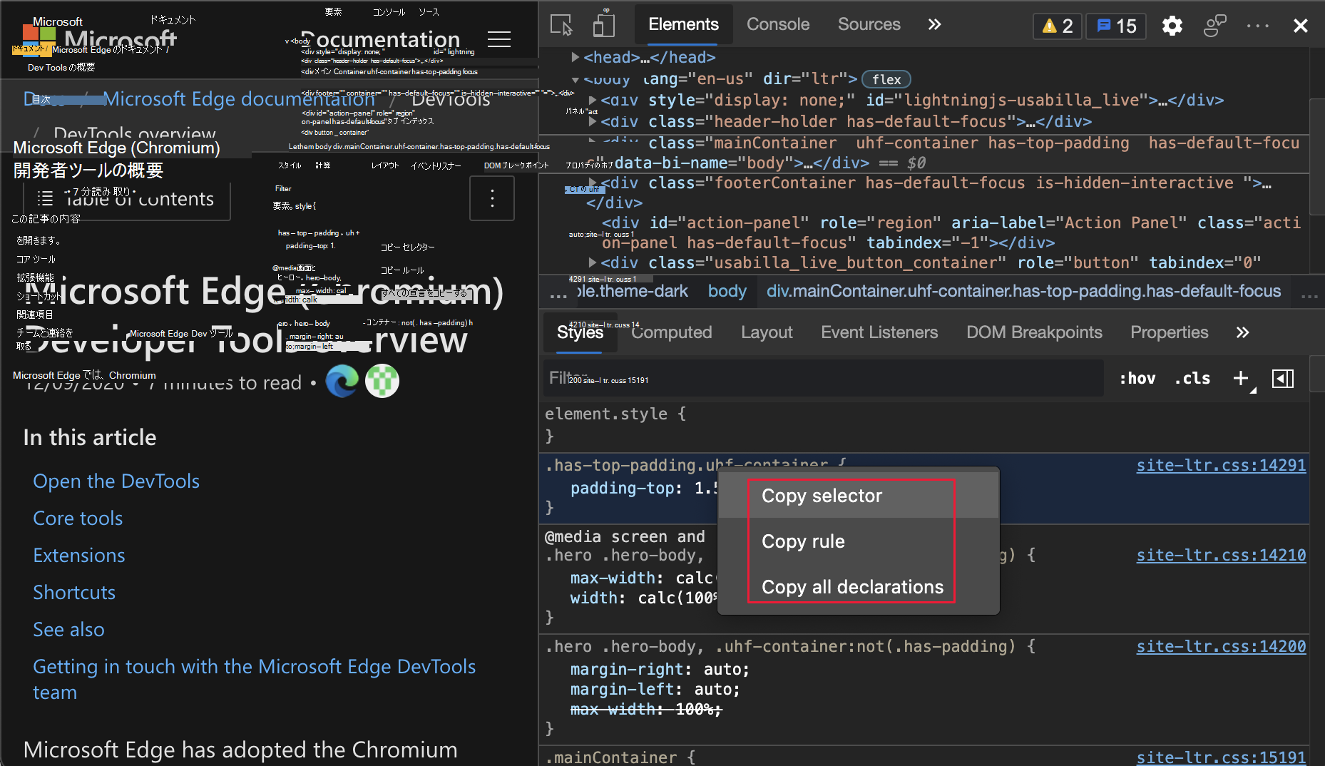 右クリック メニューの CSS クラスのコピー オプション