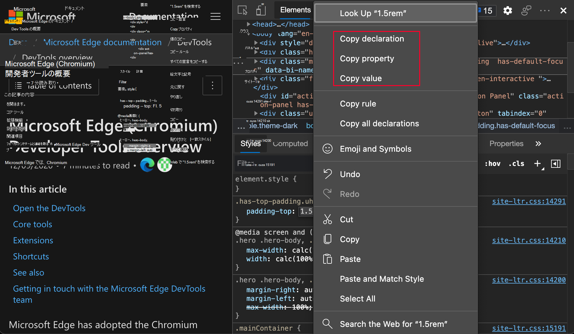 右クリック メニューの CSS プロパティのオプションをコピーする