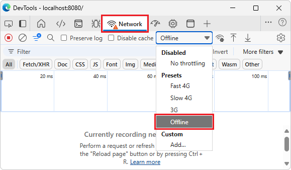 [DevTools] ウィンドウで、調整値をオフラインに切り替える場所を示します