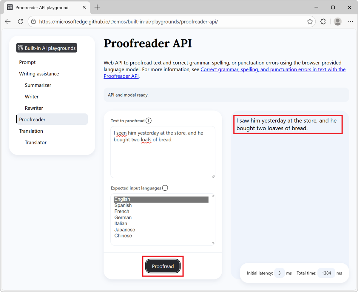 設定と校正ボタンを含む Proofreader デモ ページ