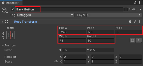 Unityのインスペクターで Back Button プロパティを更新しました