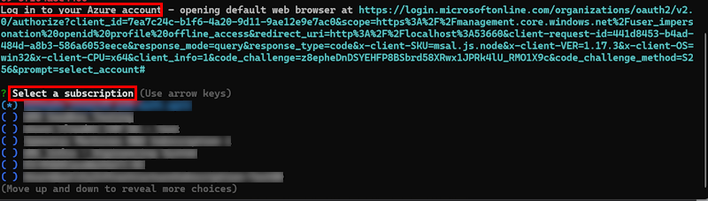 Azureへのサインインを示すスクリーンショット。CLI ウィンドウでサブスクリプション オプションを選択します。