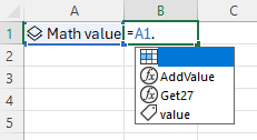 'Get27' 参照メソッドを表示する数式 AutoComplete を使用して Excel に 'A1.' と入力します。