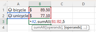 省略可能な範囲 B1:B2 を渡す Excel で sumAll メソッドを入力するスクリーンショット。