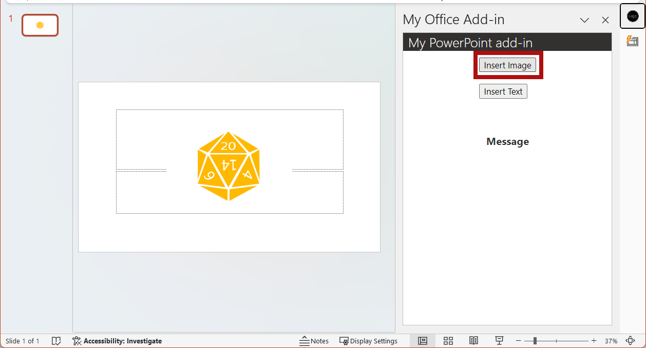 アドインで強調表示されている [イメージの挿入] ボタン。