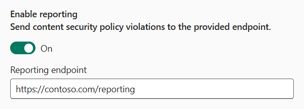 [レポートを有効にする] というラベルが付いたトグルと、URL を含むレポート エンドポイントというラベルのテキスト ボックスのスクリーンショット。