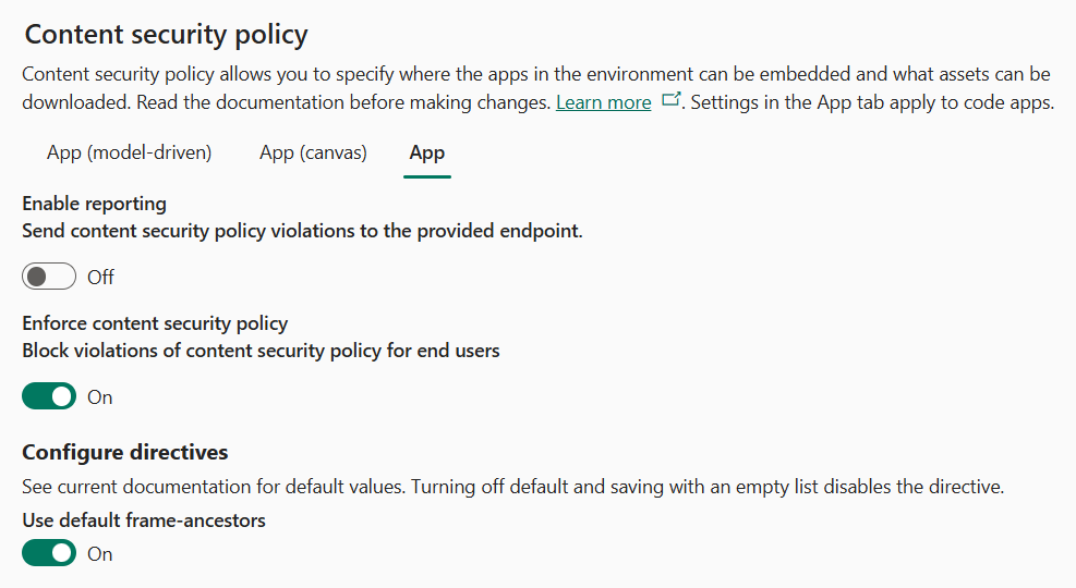 Power Platform 管理センターの Code Apps CSP 設定 UO の画像
