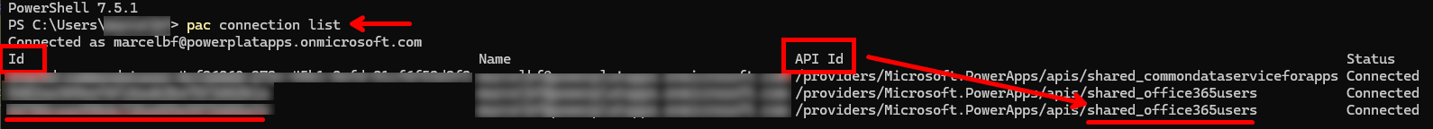 接続 ID と API 名を示す PAC CLI の一覧の出力