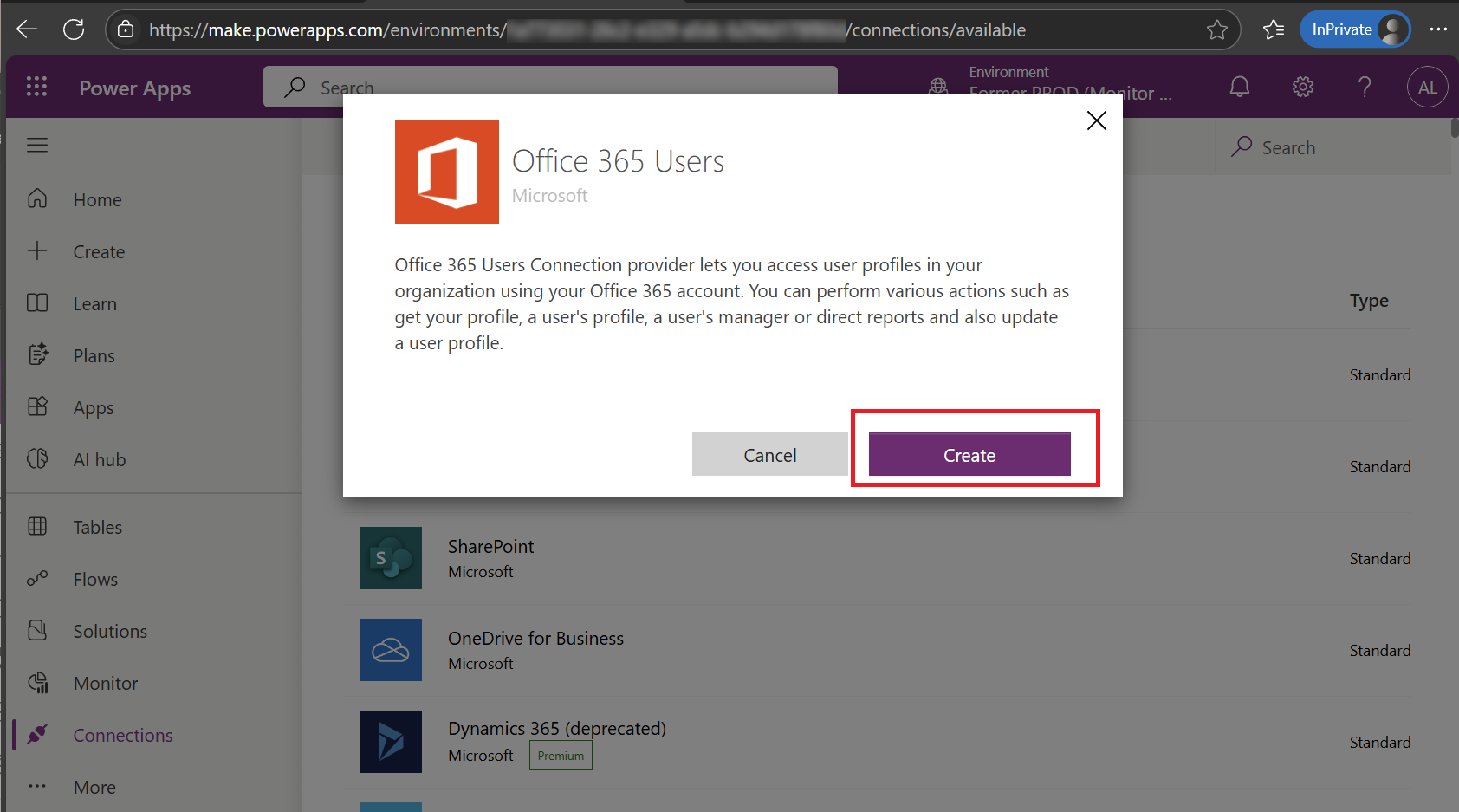 Power Apps で Office 365 ユーザー 接続を作成する