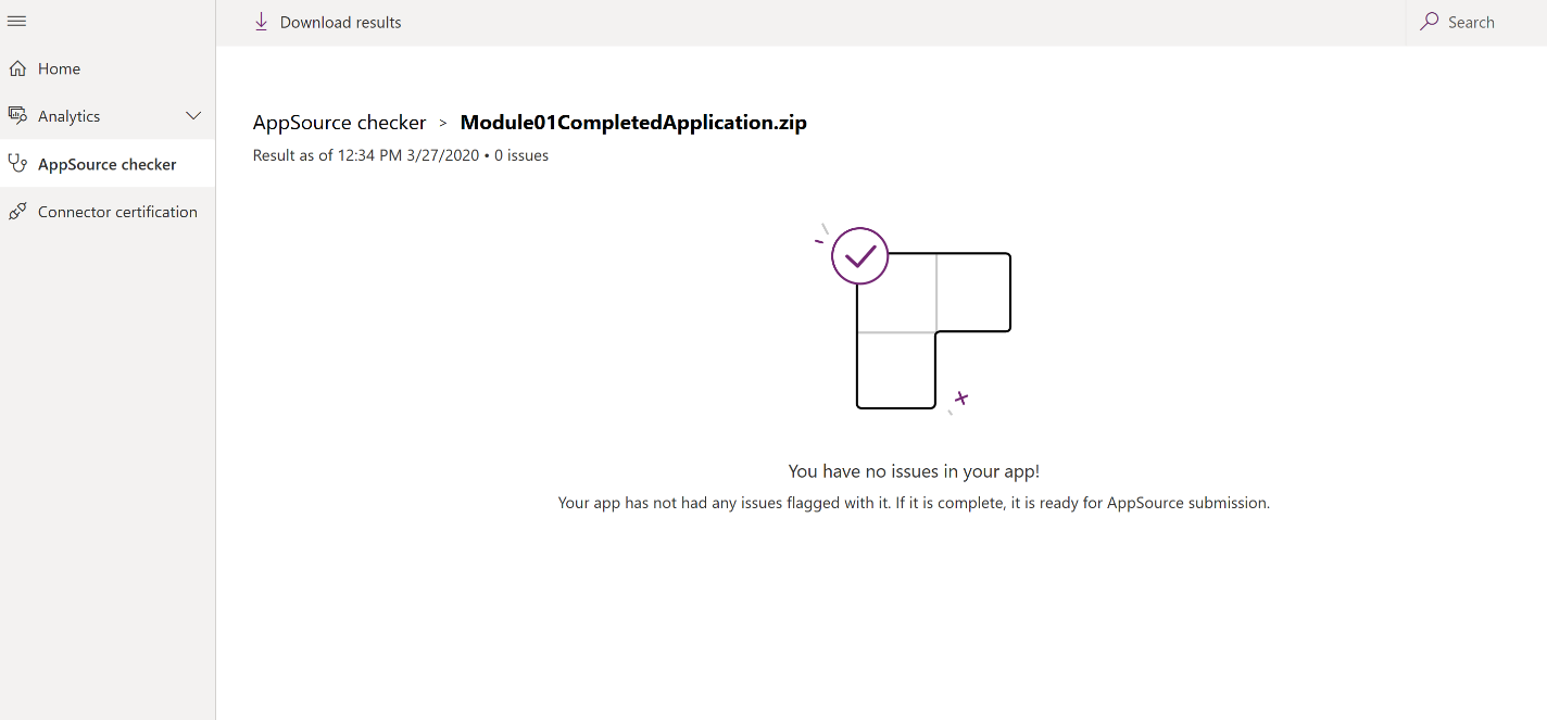 AppSource チェッカー成功メッセージ AppSource チェッカー成功メッセージ。