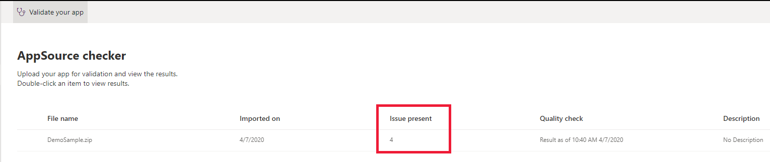 AppSource チェッカーの結果の概要 AppSource チェッカーの結果の概要。