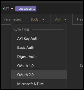 認証の種類として OAuth 2.0 が選択されている [認証] タブドロップダウンのスクリーンショット。