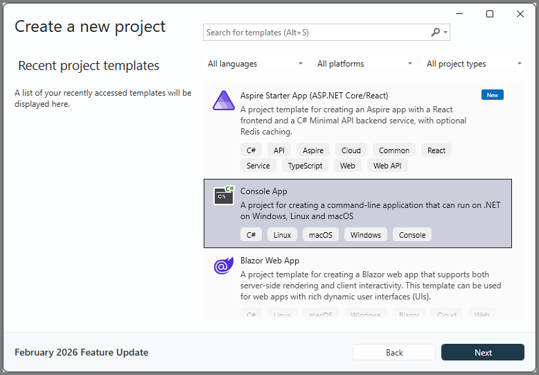 新しいコンソール アプリケーション プロジェクト