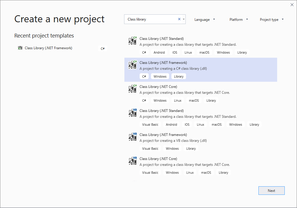 クラス ライブラリ (.NET Framework) の検索。