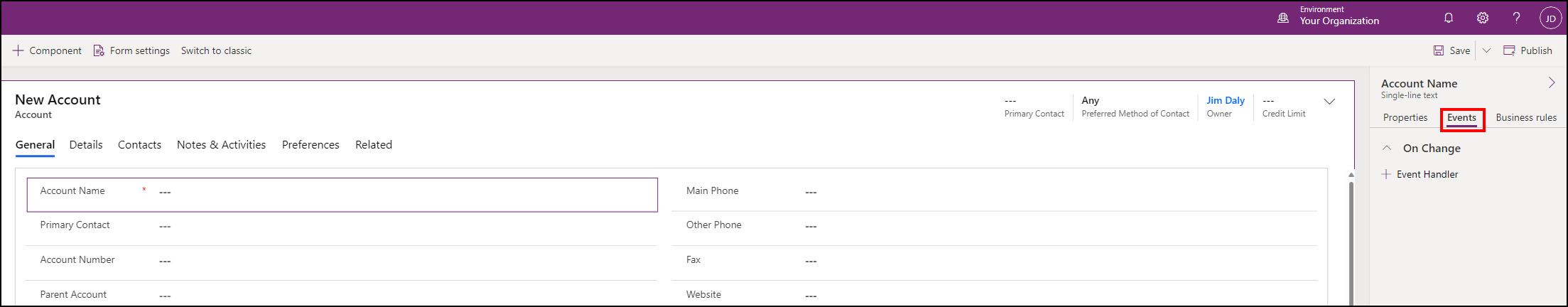 アカウント名フィールドのイベントを選択する