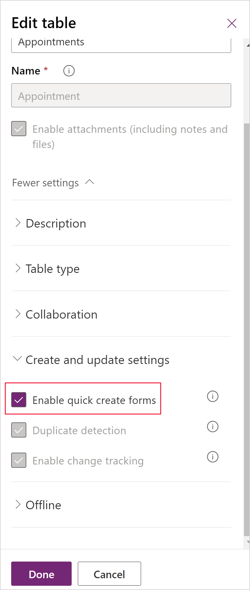予定テーブルで簡易作成プロパティを許可する