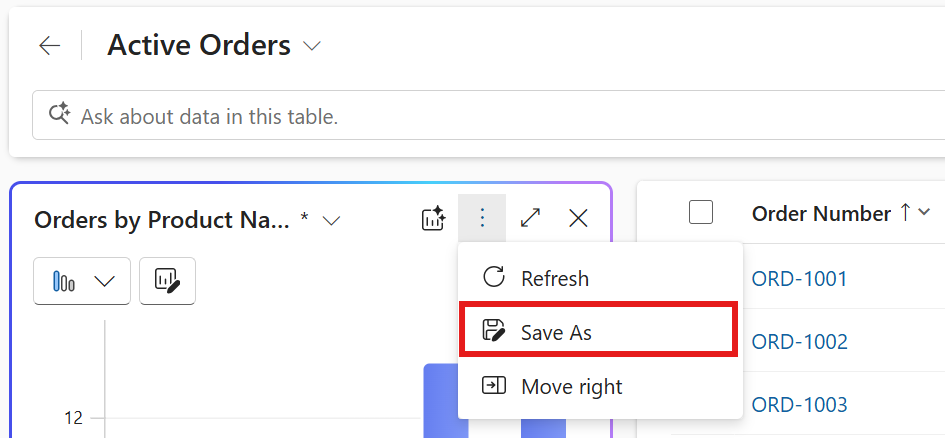 データの視覚化グラフの 3 つのドットをクリックした後のオプションを示すスクリーンショット。