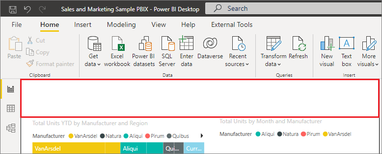 壁紙領域が強調表示されている Power BI Desktop のスクリーンショット。