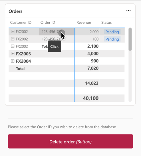テーブルとデータ関数ボタンを含む同じレポートの例を示すスクリーンショット。テーブルで行が選択され、ボタンが有効になっています。