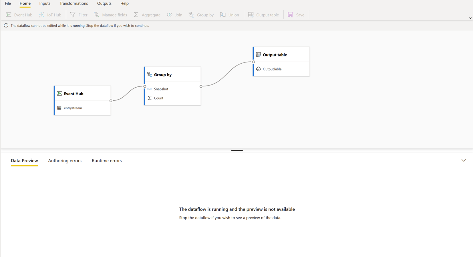 ストリーミング データフローの実行中に無効になっているデータ プレビューを示すスクリーンショット。