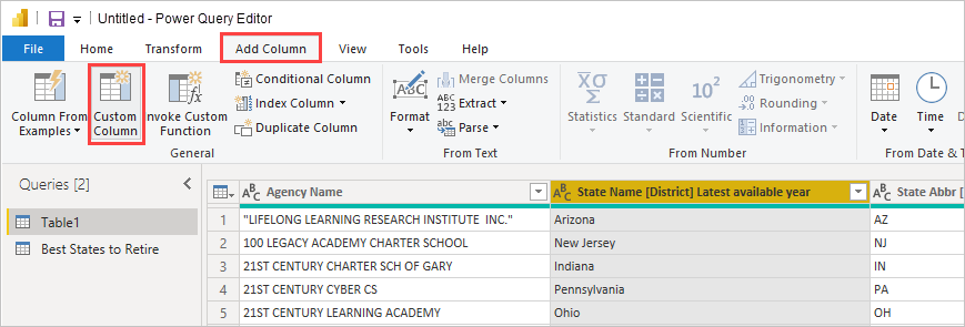 [列の追加] タブの [カスタム列] ボタンが強調表示されている Power Query エディターのスクリーンショット。
