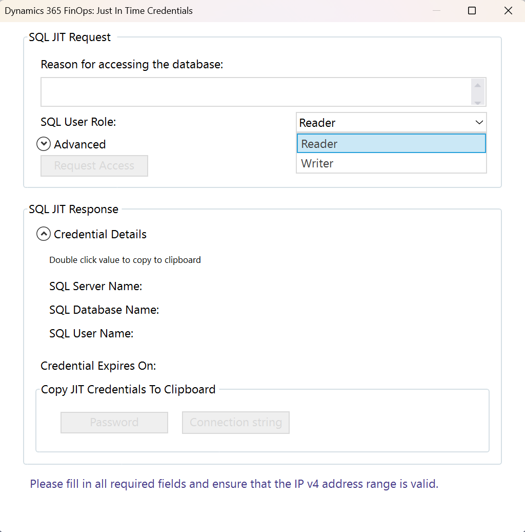 Visual Studio> ツール> Dynamics 365 FinOps 要求ウィンドウの SQL 資格情報