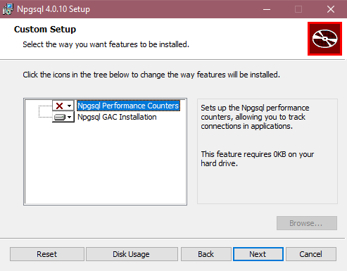 GAC インストールが選択されている Npgsql インストーラーのスクリーンショット。