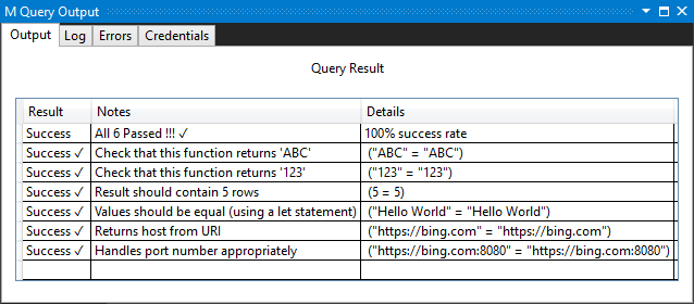 すべてのテストが合格した Visual Studio M クエリ出力のスクリーンショット。