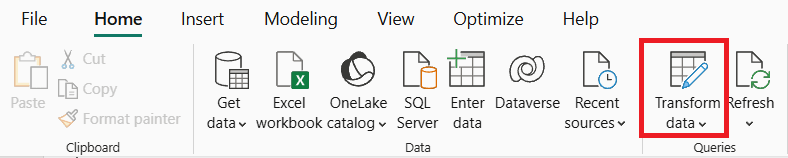 [データの変換] ボタンが強調表示されている Power BI のホーム バーのスクリーンショット。