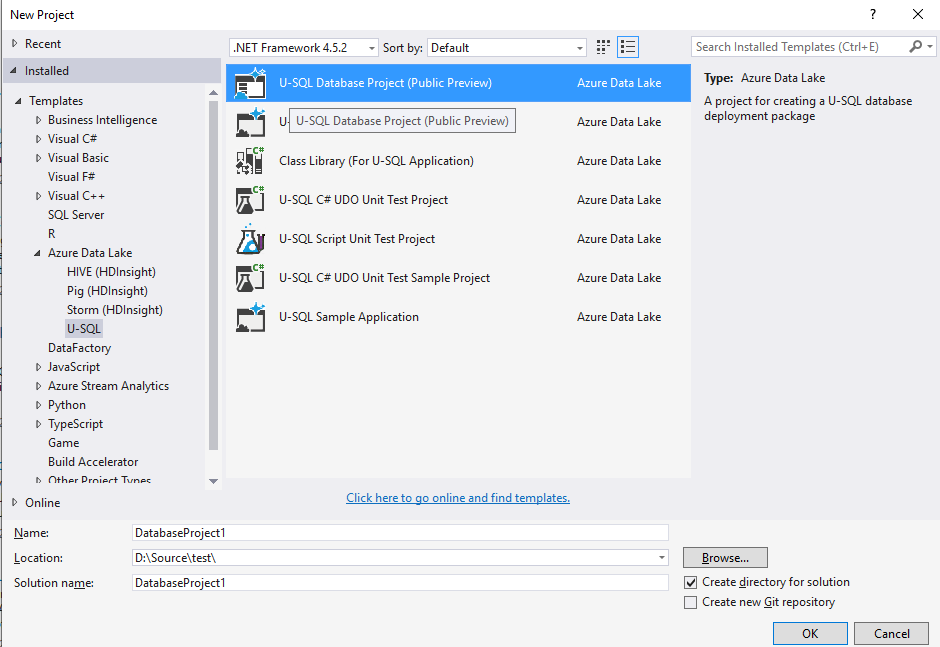 Data Lake Tools for Visual Studio - U-SQL データベース プロジェクトの作成