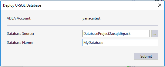Data Lake Tools for Visual Studio - U-SQL データベース パッケージの配置ウィザード