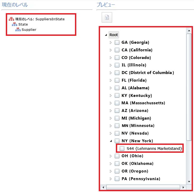 現在のレベルと、派生階層のプレビュー